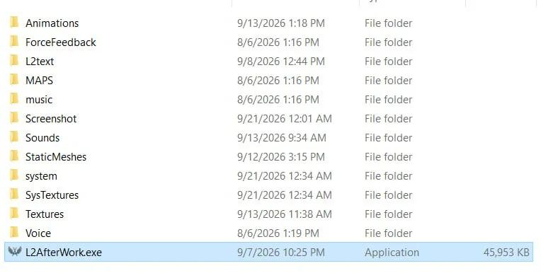 Lineage 2 client folder with L2AfterWork.exe next to the system and Textures folders